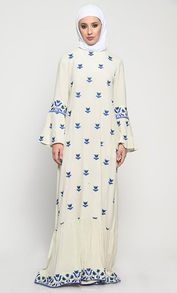 Elegant Rayon A - Line Abaya with Embroidery and Flounce Sleeves - EastEssence.com