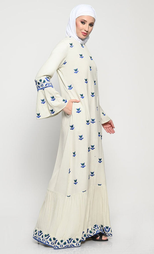 Elegant Rayon A - Line Abaya with Embroidery and Flounce Sleeves - EastEssence.com