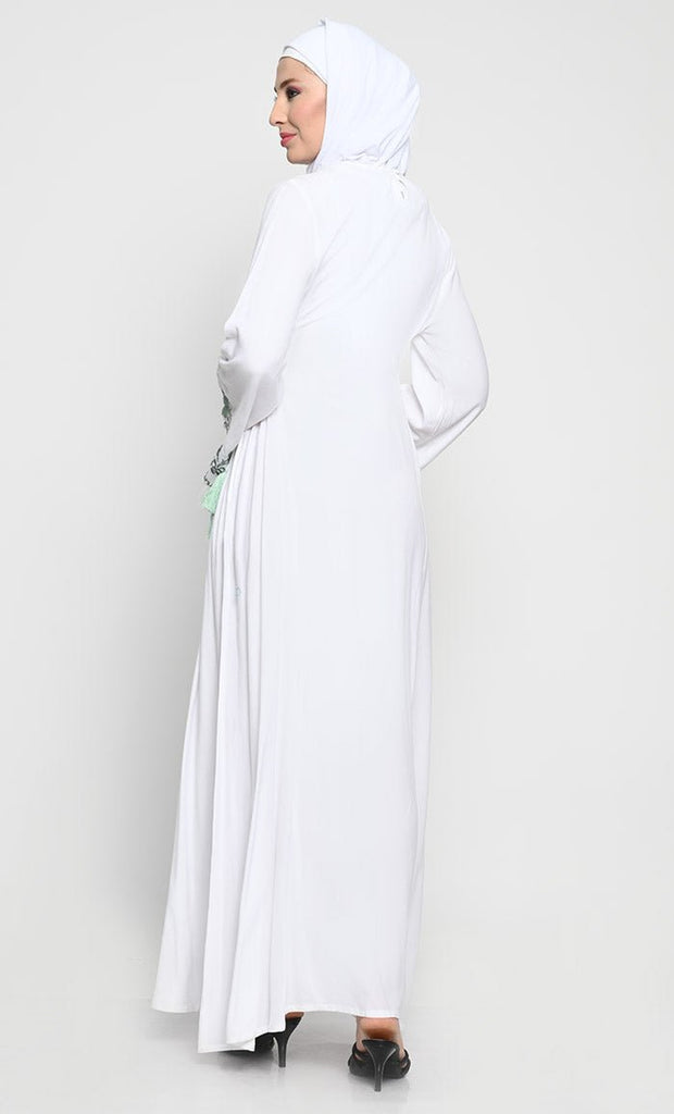 Elegant Rayon A - Line Abaya with Full - Length Floral Embroidery - EastEssence.com