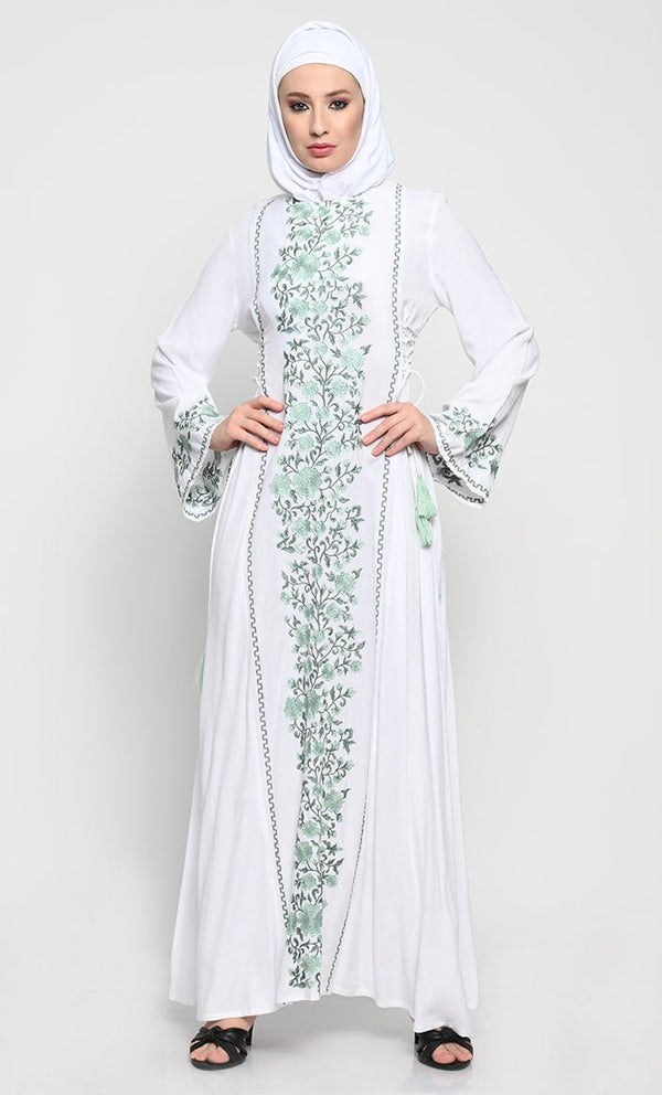 Elegant Rayon A - Line Abaya with Full - Length Floral Embroidery - EastEssence.com