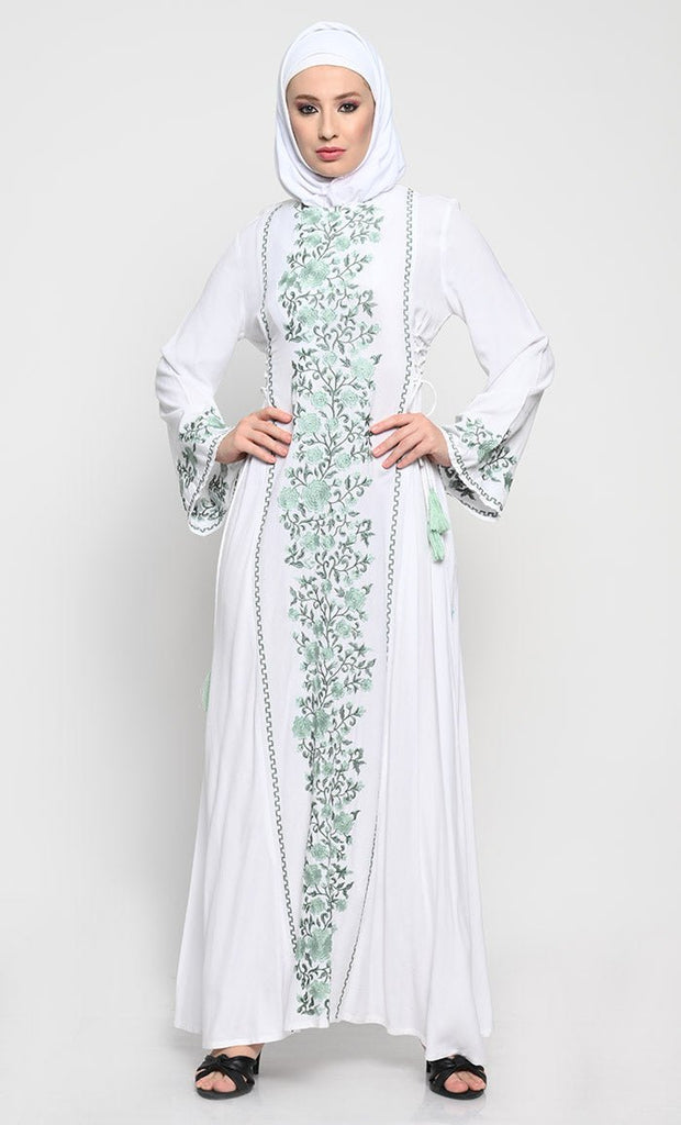 Elegant Rayon A - Line Abaya with Full - Length Floral Embroidery - EastEssence.com