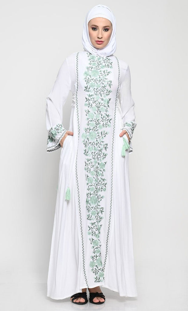 Elegant Rayon A - Line Abaya with Full - Length Floral Embroidery - EastEssence.com