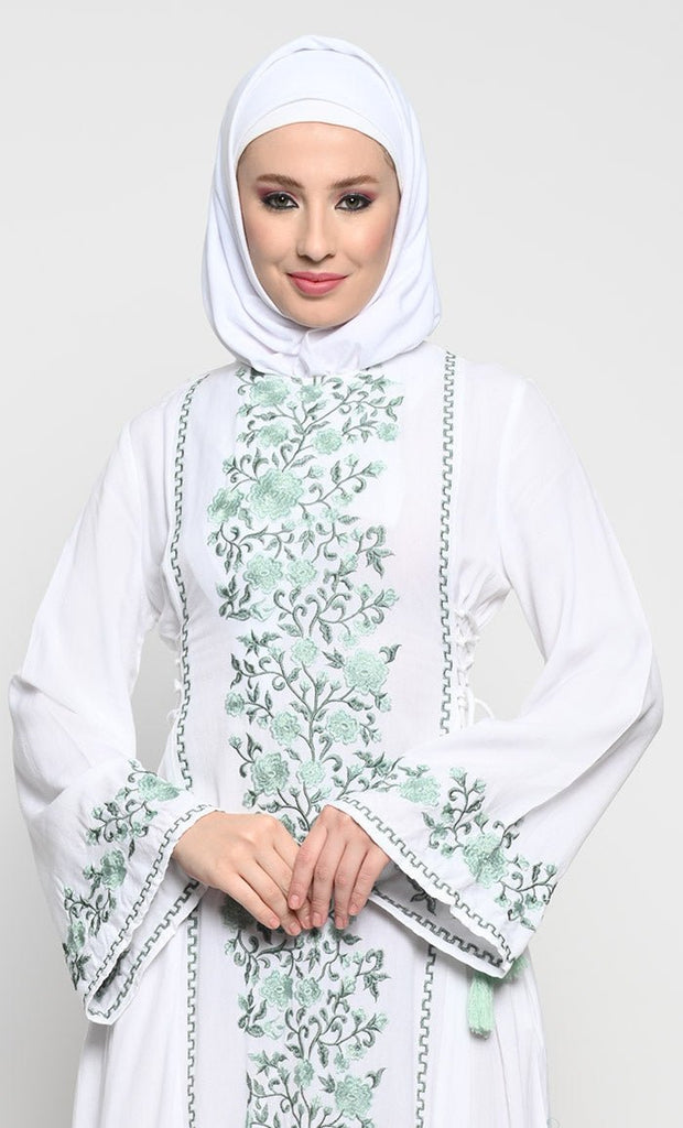 Elegant Rayon A - Line Abaya with Full - Length Floral Embroidery - EastEssence.com