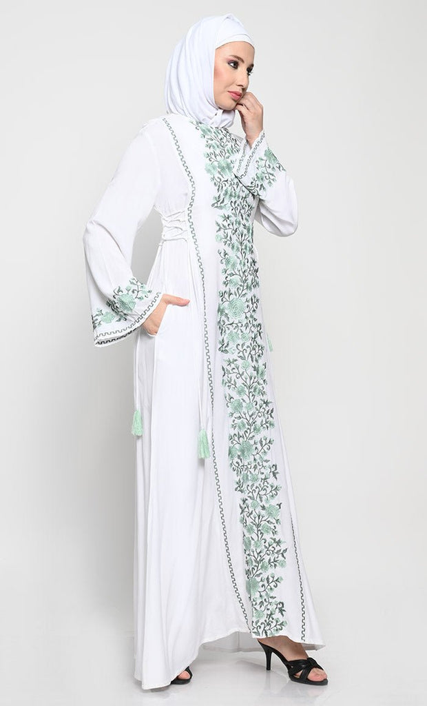 Elegant Rayon A - Line Abaya with Full - Length Floral Embroidery - EastEssence.com