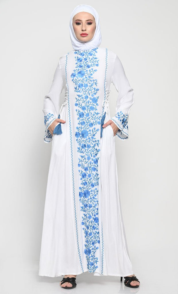 Elegant Rayon A - Line Abaya with Full - Length Floral Embroidery and Side Tie Adjustments - EastEssence.com