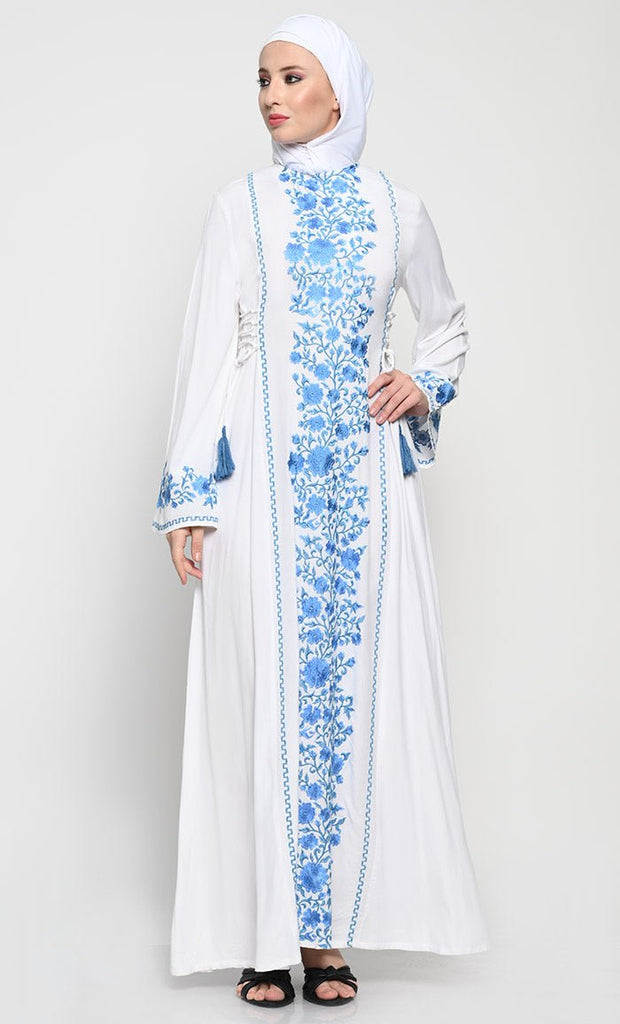 Elegant Rayon A - Line Abaya with Full - Length Floral Embroidery and Side Tie Adjustments - EastEssence.com