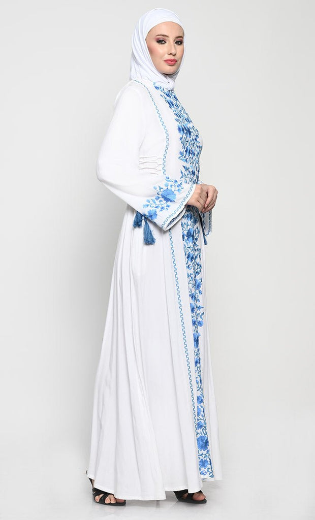 Elegant Rayon A - Line Abaya with Full - Length Floral Embroidery and Side Tie Adjustments - EastEssence.com