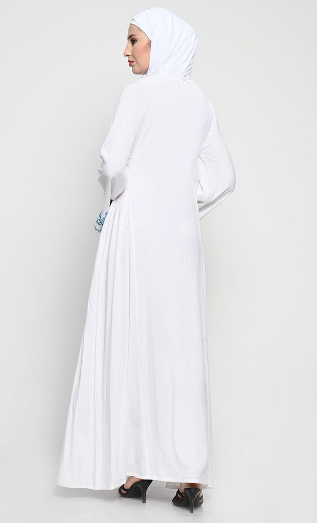 Elegant Rayon A - Line Abaya with Full - Length Floral Embroidery and Side Tie Adjustments - EastEssence.com