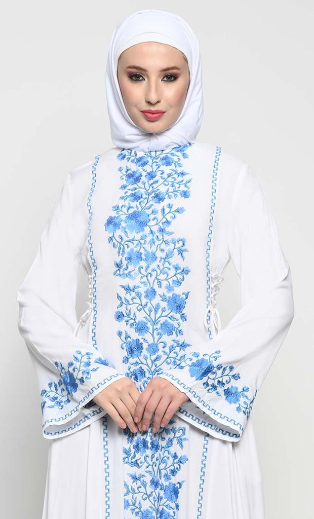 Elegant Rayon A - Line Abaya with Full - Length Floral Embroidery and Side Tie Adjustments - EastEssence.com