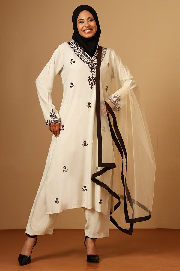 Elegant Rayon A - Line Floral Embroidered Salwar Kameez Set with Dupatta - EastEssence.com