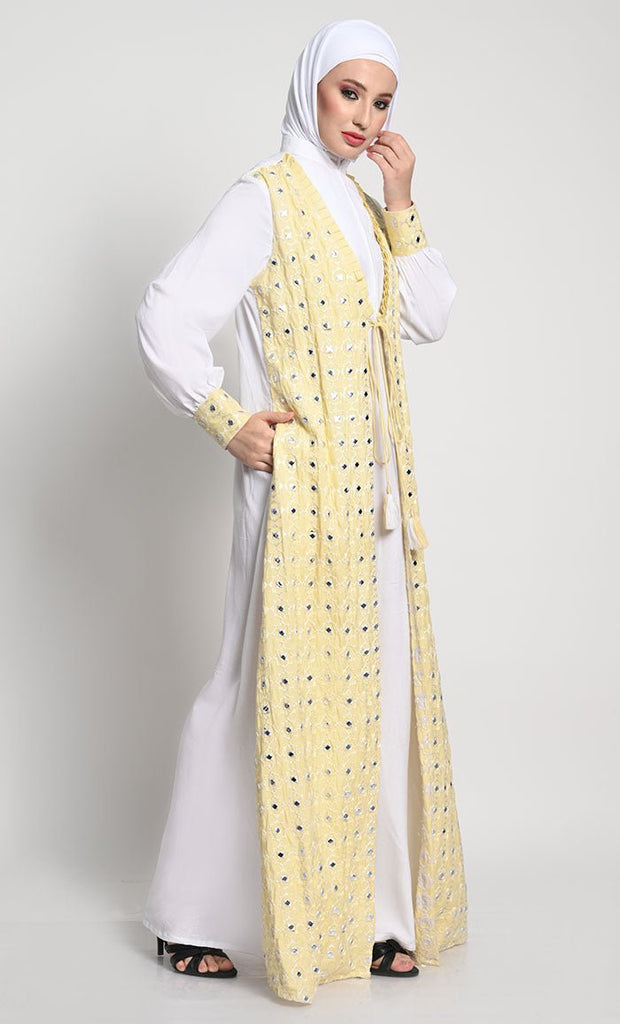 Elegant Rayon Double - Layer Abaya with Embroidered Details and Tassel Accents - EastEssence.com