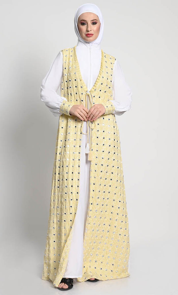 Elegant Rayon Double - Layer Abaya with Embroidered Details and Tassel Accents - EastEssence.com