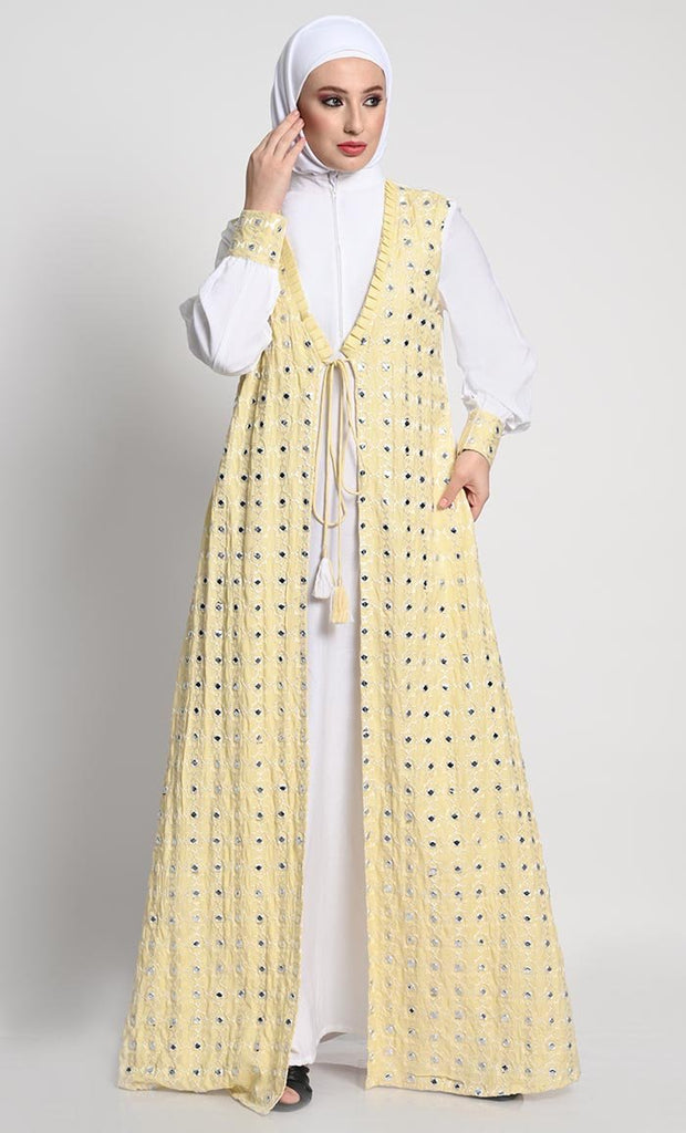 Elegant Rayon Double - Layer Abaya with Embroidered Details and Tassel Accents - EastEssence.com