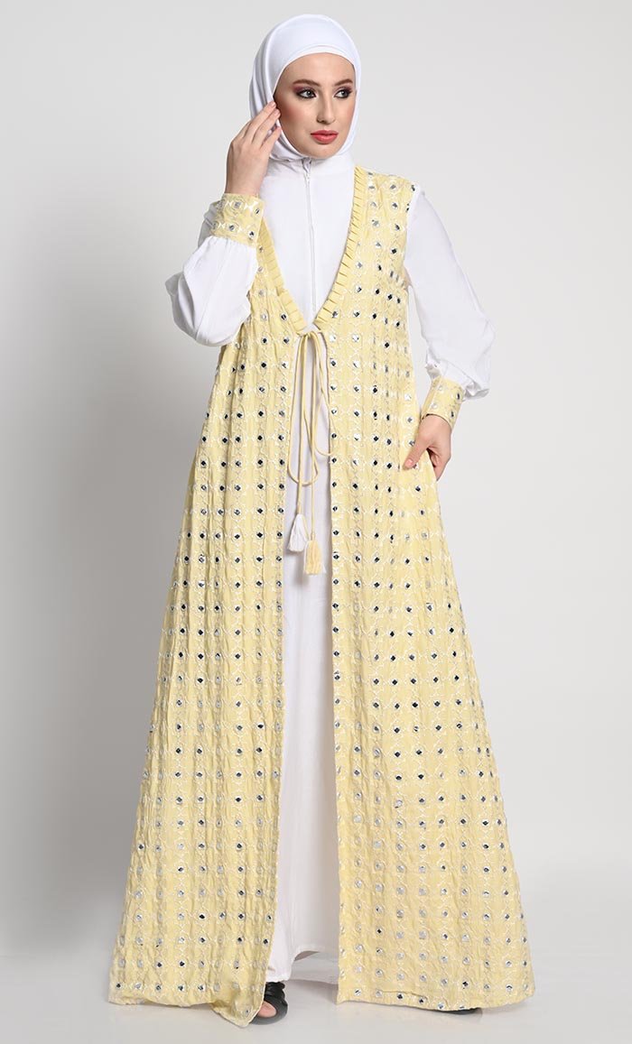 Elegant Rayon Double-Layer Abaya with Embroidered Details and Tassel Accents