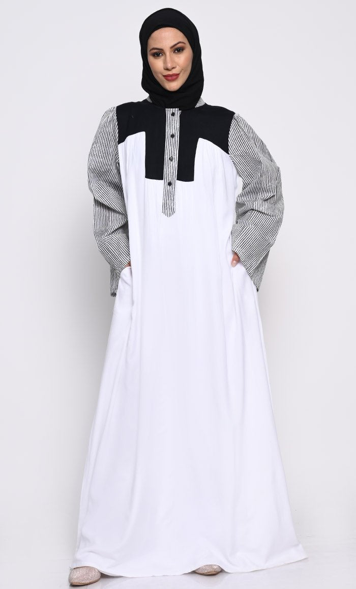 Elegant Rayon Fabric A - Line Abaya with Contrast Bell Sleeves and Inner Lining - EastEssence.com