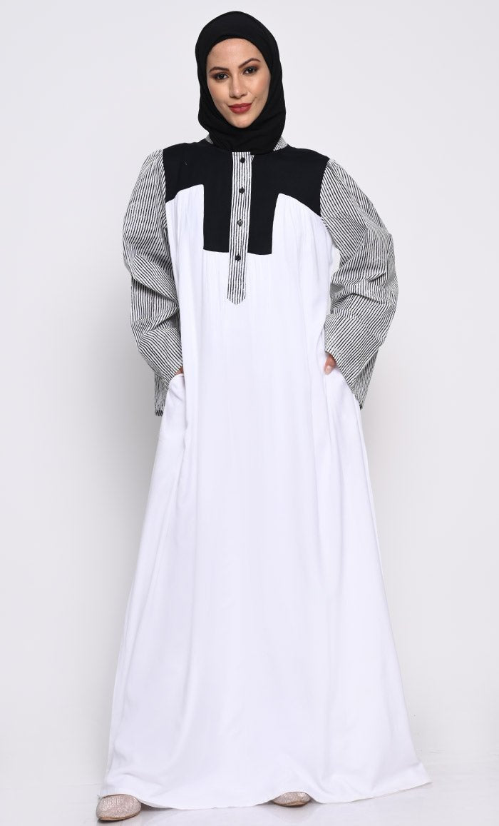 Elegant Rayon Fabric A-Line Abaya with Contrast Bell Sleeves and Inner Lining