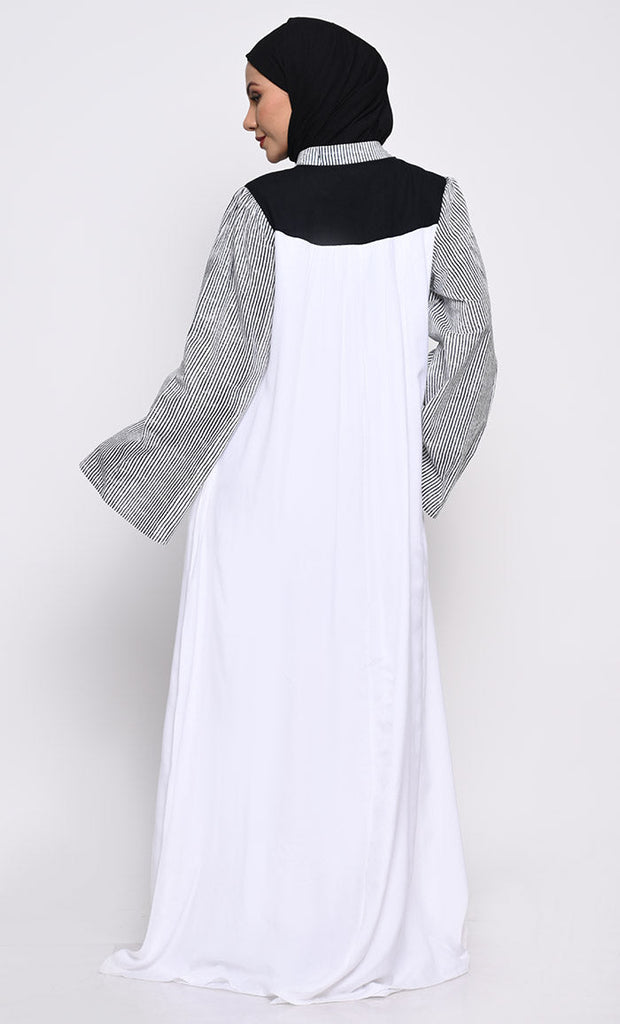 Elegant Rayon Fabric A - Line Abaya with Contrast Bell Sleeves and Inner Lining - EastEssence.com