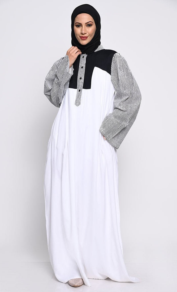 Elegant Rayon Fabric A - Line Abaya with Contrast Bell Sleeves and Inner Lining - EastEssence.com