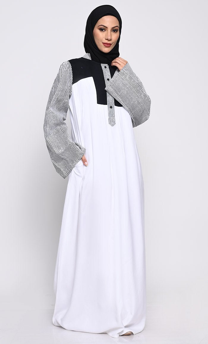 Elegant Rayon Fabric A - Line Abaya with Contrast Bell Sleeves and Inner Lining - EastEssence.com