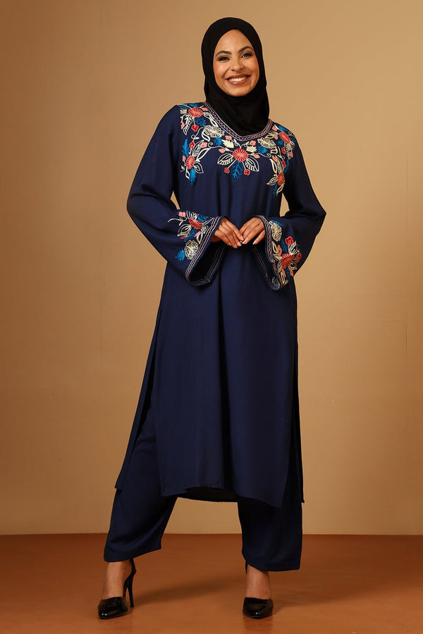 Elegant Rayon Floral Embroidered Navy Salwar Kameez Set with Dupatta - EastEssence.com
