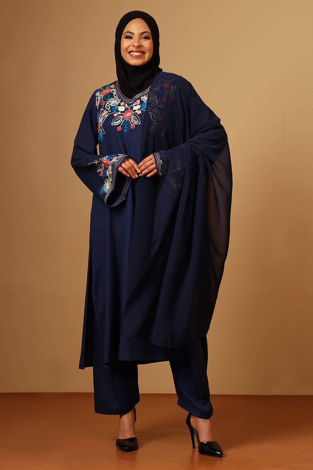Elegant Rayon Floral Embroidered Navy Salwar Kameez Set with Dupatta - EastEssence.com