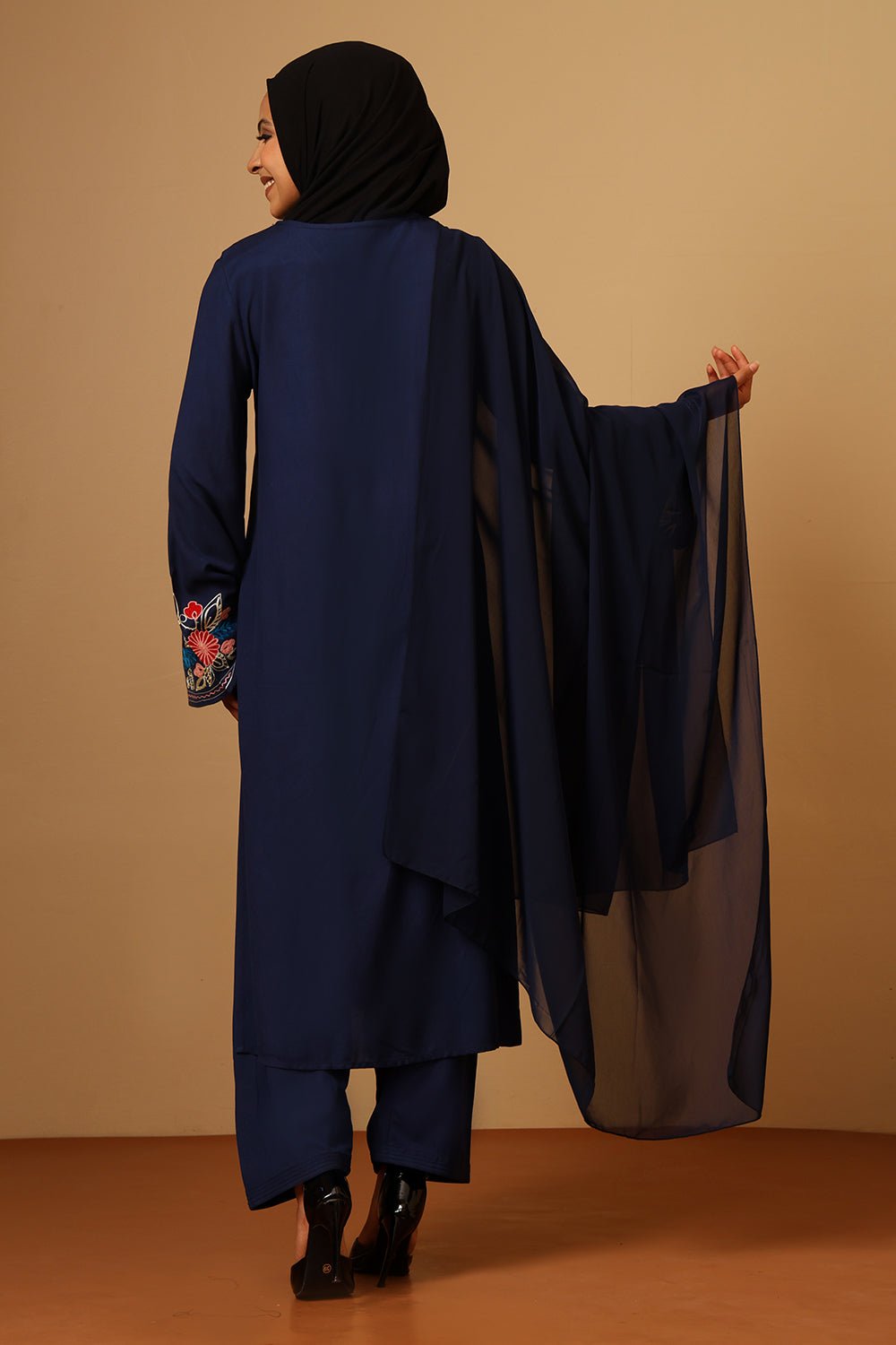 Elegant Rayon Floral Embroidered Navy Salwar Kameez Set with Dupatta - EastEssence.com