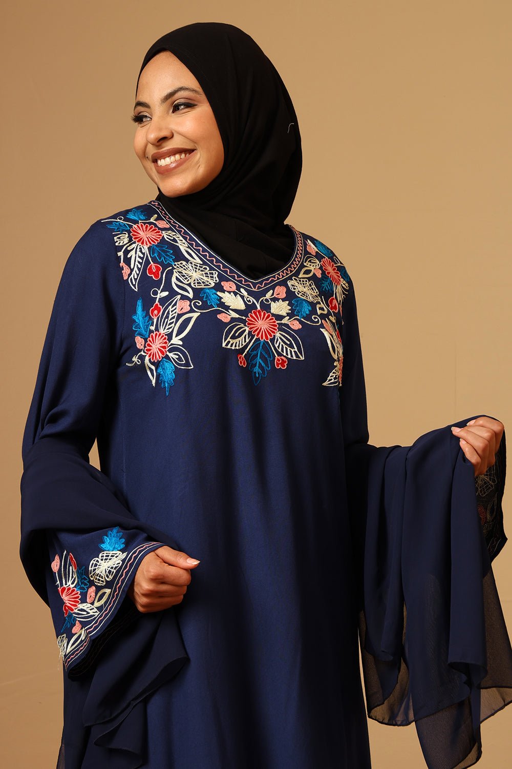 Elegant Rayon Floral Embroidered Navy Salwar Kameez Set with Dupatta - EastEssence.com