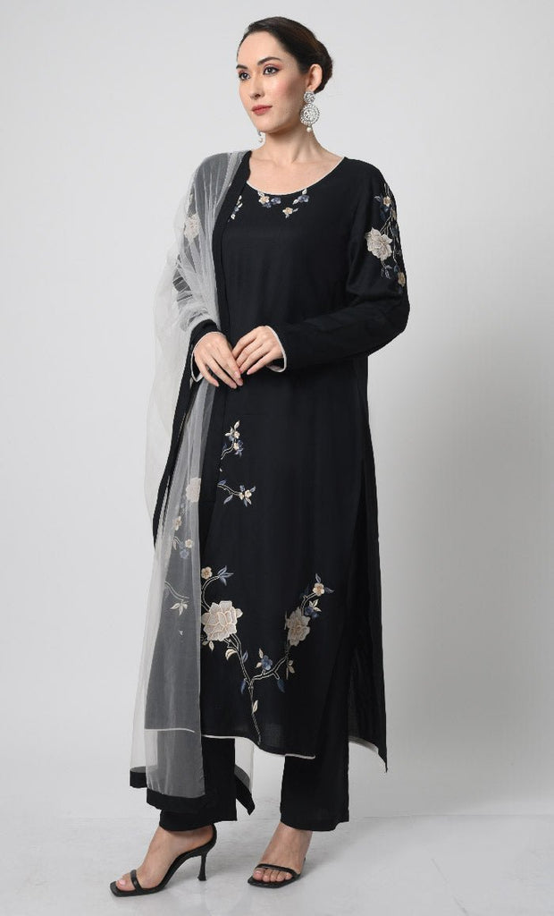 Elegant Rayon Salwar Kameez with Multicolor Embroidery & Net Dupatta - EastEssence.com