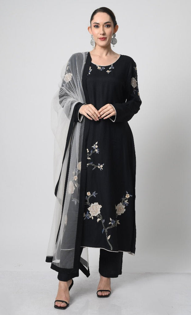 Elegant Rayon Salwar Kameez with Multicolor Embroidery & Net Dupatta - EastEssence.com