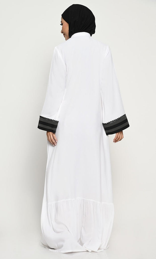 Elegant Rayon Straight Style Abaya with Bib Collar and Frill Detail - EastEssence.com