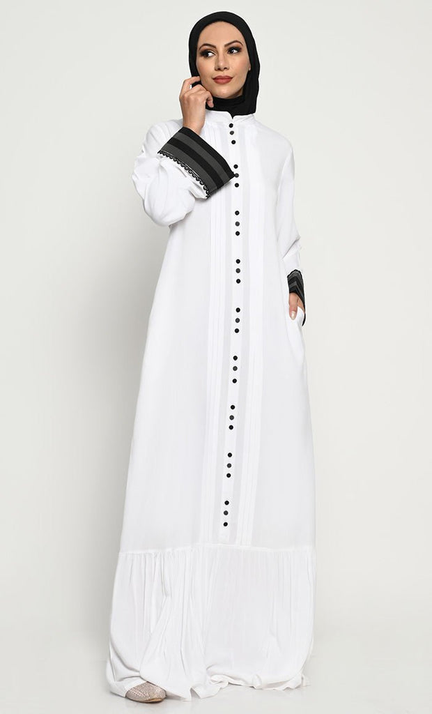 Elegant Rayon Straight Style Abaya with Bib Collar and Frill Detail - EastEssence.com