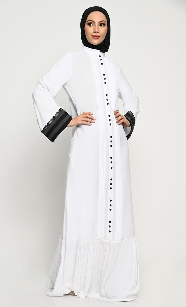 Elegant Rayon Straight Style Abaya with Bib Collar and Frill Detail - EastEssence.com