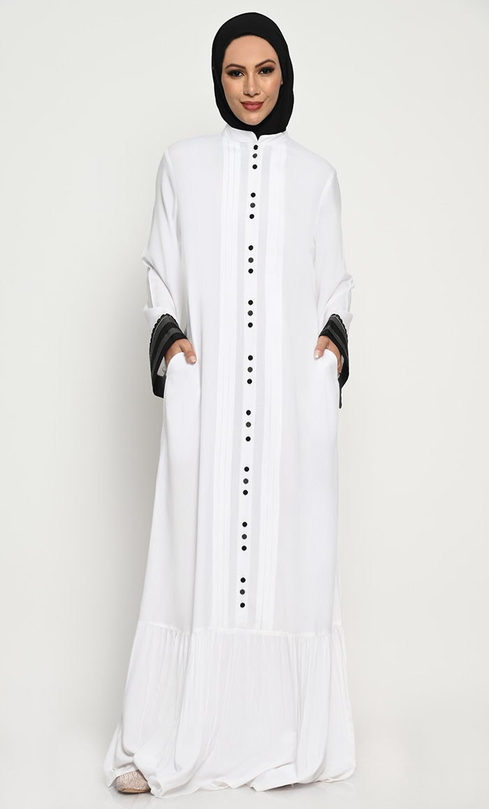 Elegant Rayon Straight Style Abaya with Bib Collar and Frill Detail - EastEssence.com