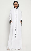 Elegant Rayon Straight Style Abaya with Bib Collar and Frill Detail - EastEssence.com