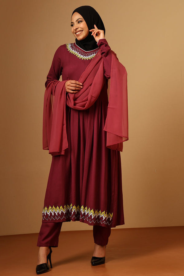 Elegant Rayon V - Neck Embroidered Salwar Kameez Set with Dupatta - EastEssence.com