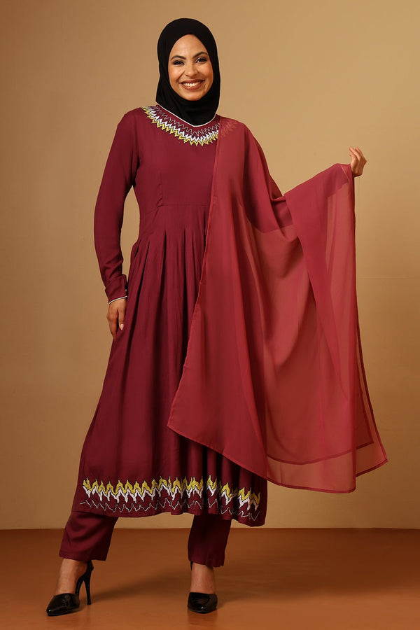 Elegant Rayon V - Neck Embroidered Salwar Kameez Set with Dupatta - EastEssence.com
