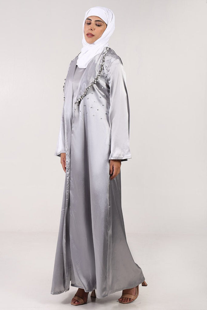 Elegant Satin 2 - Piece Abaya Set with Stone & Metallic Embroidery - EastEssence.com