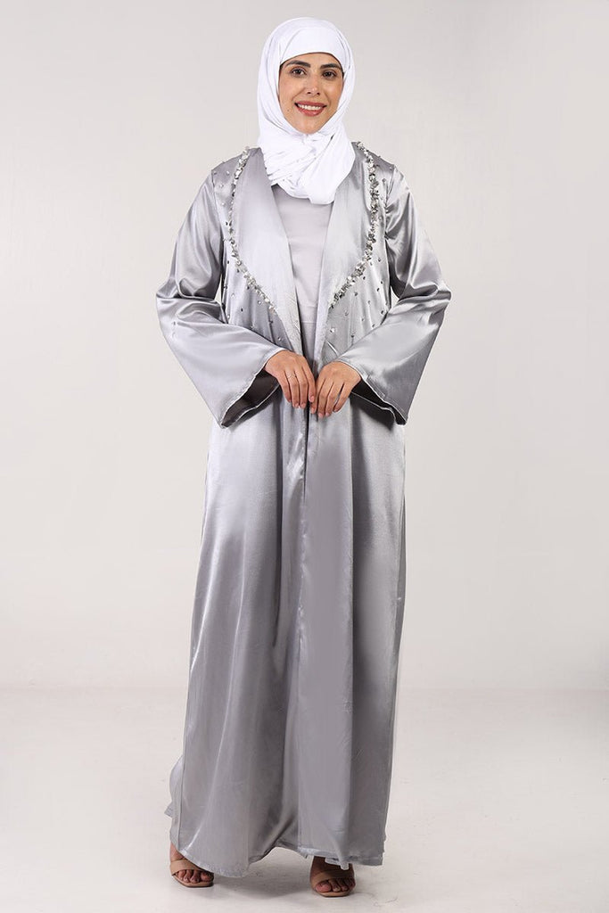 Elegant Satin 2 - Piece Abaya Set with Stone & Metallic Embroidery - EastEssence.com