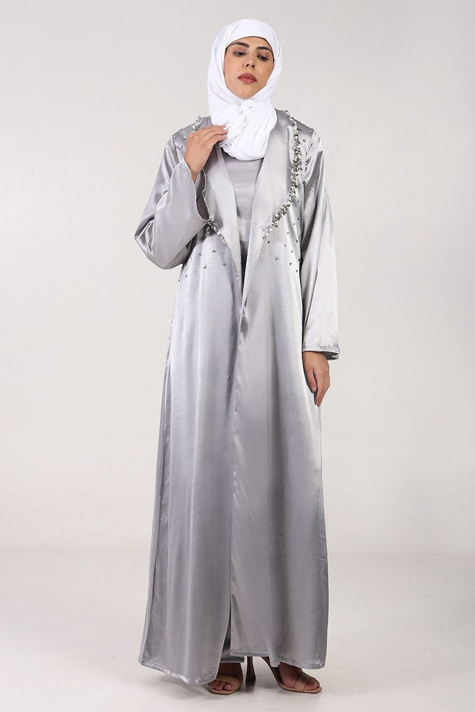 Elegant Satin 2 - Piece Abaya Set with Stone & Metallic Embroidery - EastEssence.com