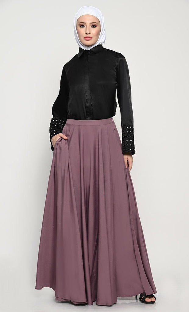 Elegant Satin Shirt and Crepe Skirt Combo with Mirror Work Details - EastEssence.com