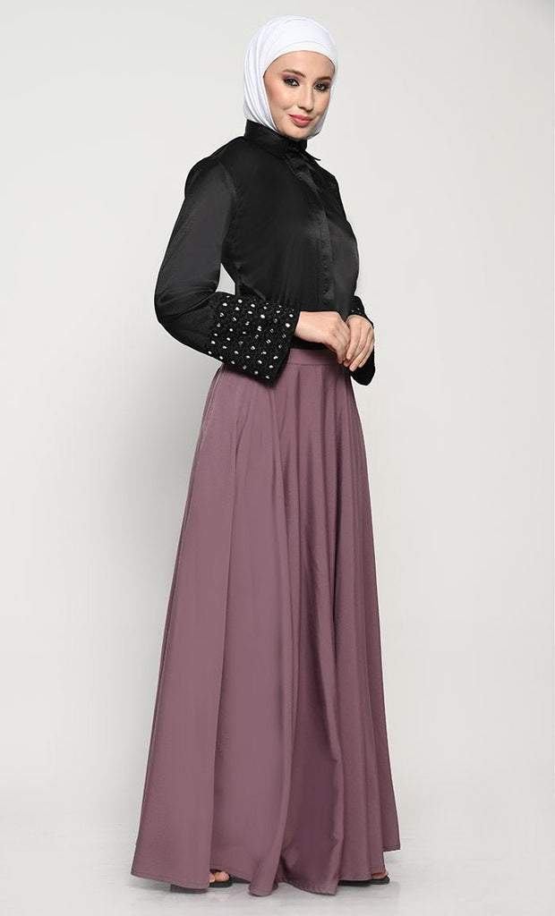 Elegant Satin Shirt and Crepe Skirt Combo with Mirror Work Details - EastEssence.com