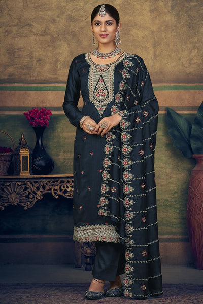 Elegant Silk Embroidered Straight Suit with pant dupatta - EastEssence.com
