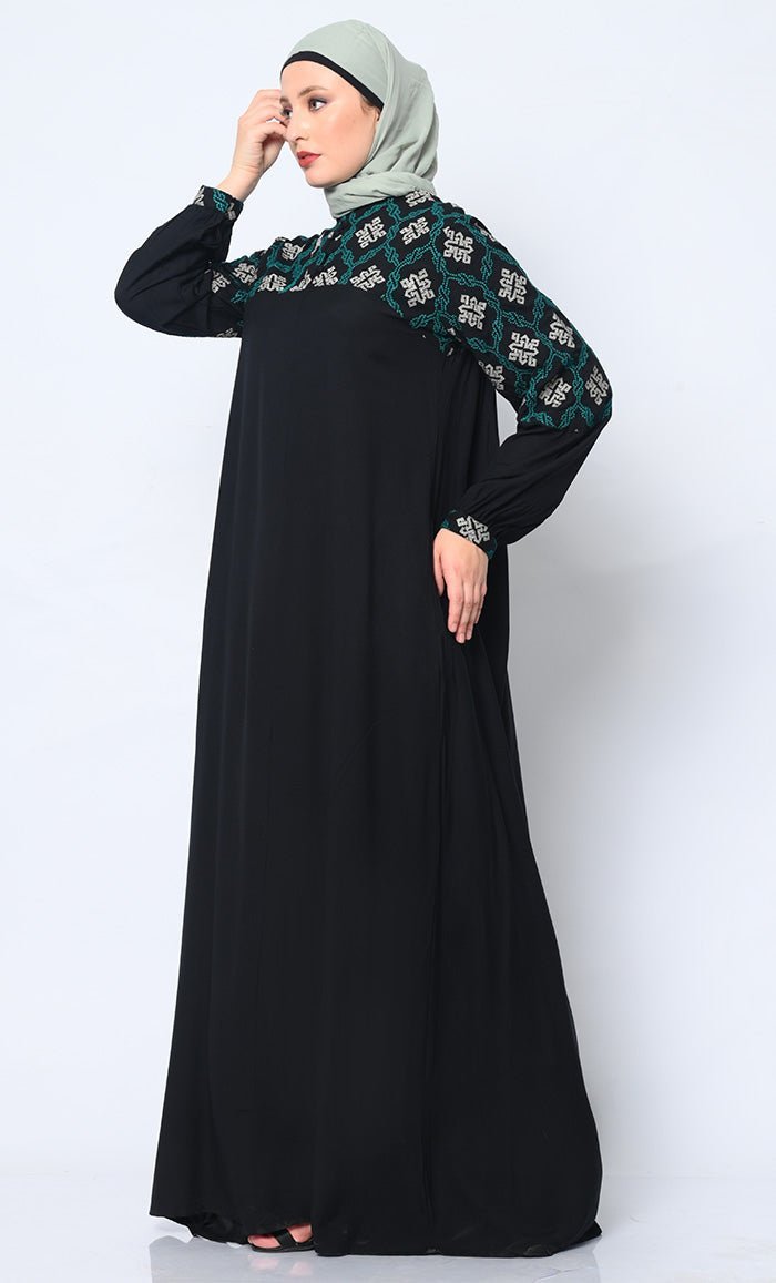 Elegant Simplicity: Embroidered Black Abaya with Box Pleats and Dual Pockets - Final Sale - EastEssence.com