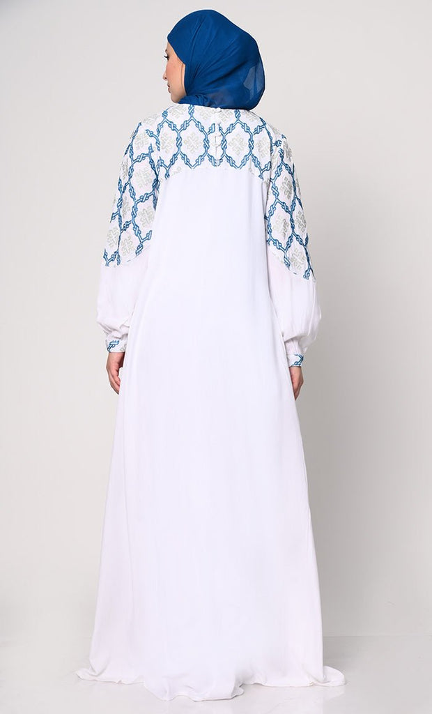 Elegant Simplicity: Embroidered White Abaya with Box Pleats and Dual Pockets - EastEssence.com