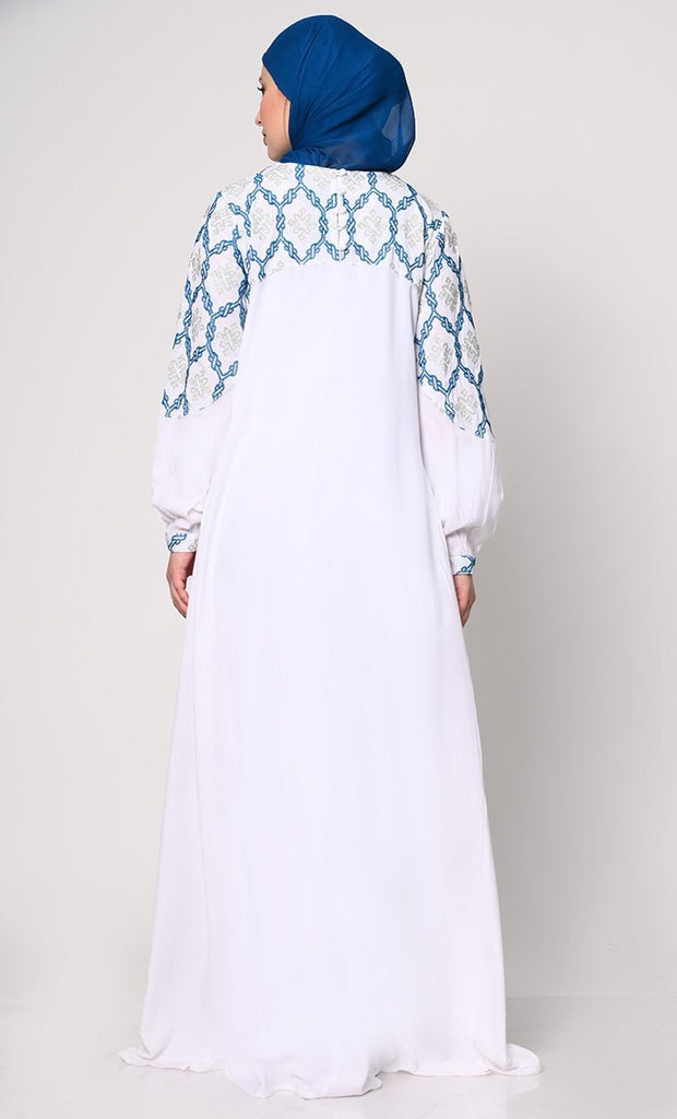 Elegant Simplicity: Embroidered White Abaya with Box Pleats and Dual Pockets - Final Sale - EastEssence.com