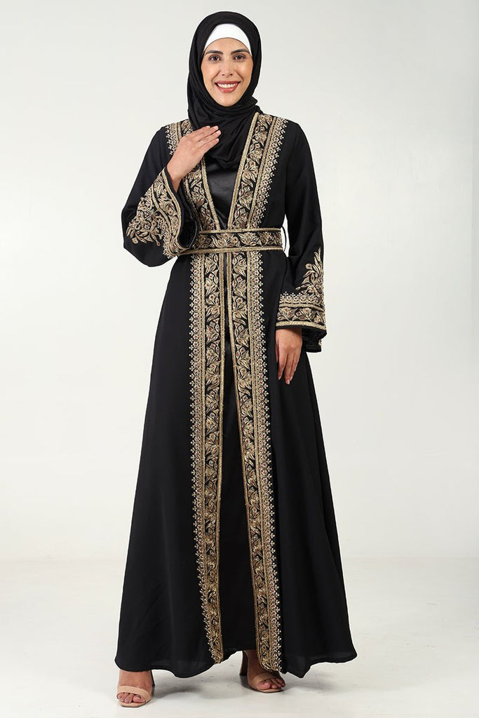 Elegant Summer Cool Fabric 2 - Piece Abaya Set with Embroidered Shrug & Satin Lining - EastEssence.com