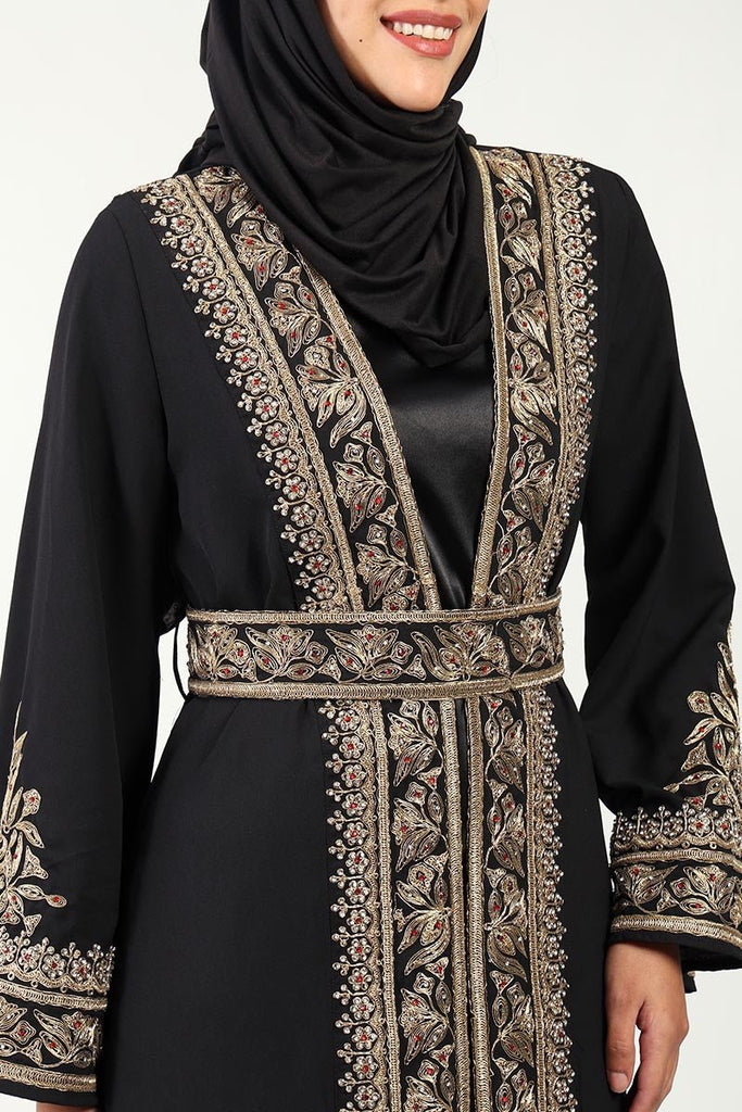 Elegant Summer Cool Fabric 2 - Piece Abaya Set with Embroidered Shrug & Satin Lining - EastEssence.com