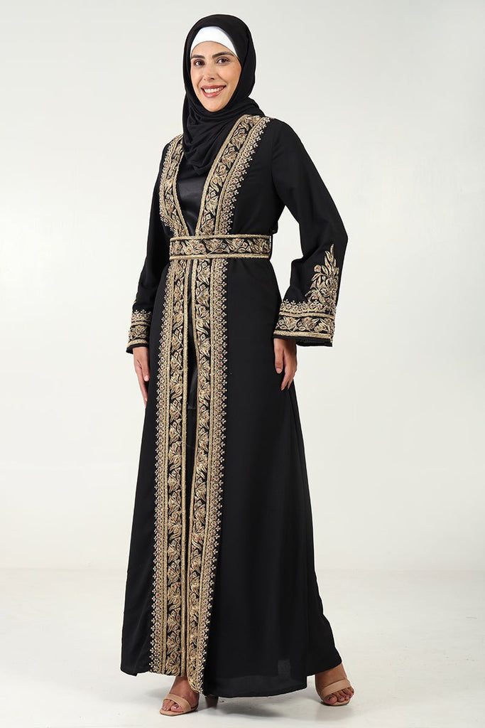 Elegant Summer Cool Fabric 2 - Piece Abaya Set with Embroidered Shrug & Satin Lining - EastEssence.com