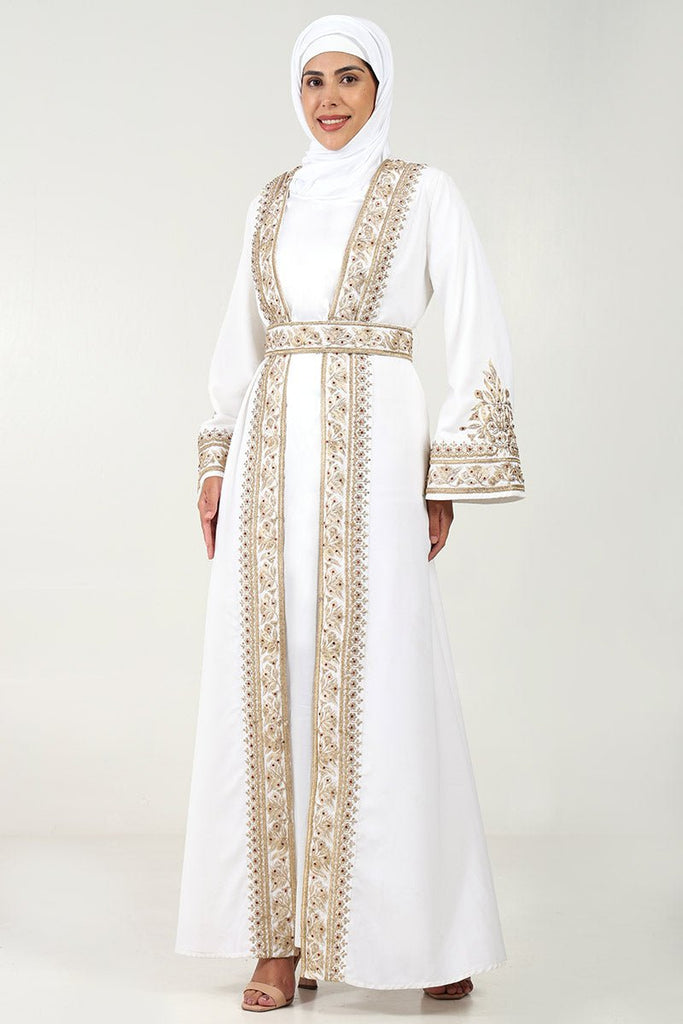 Elegant Summer Cool Fabric 2 - Piece Abaya Set with Embroidered Shrug & Satin Lining - White - EastEssence.com