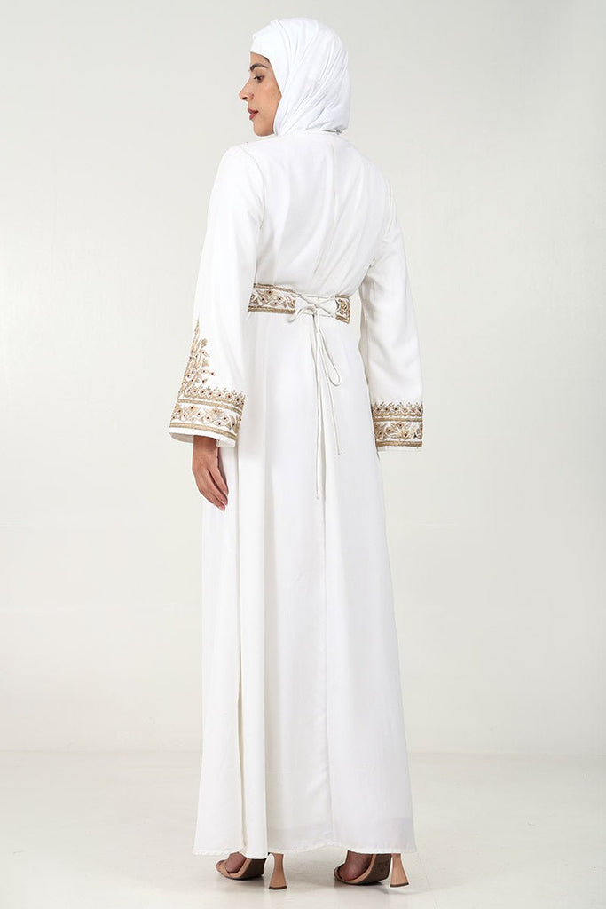 Elegant Summer Cool Fabric 2 - Piece Abaya Set with Embroidered Shrug & Satin Lining - White - EastEssence.com